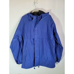 Lands End Unisex L 42-44 Blue Polyvinyl Hooded Button Up Rain Waterproof Jacket